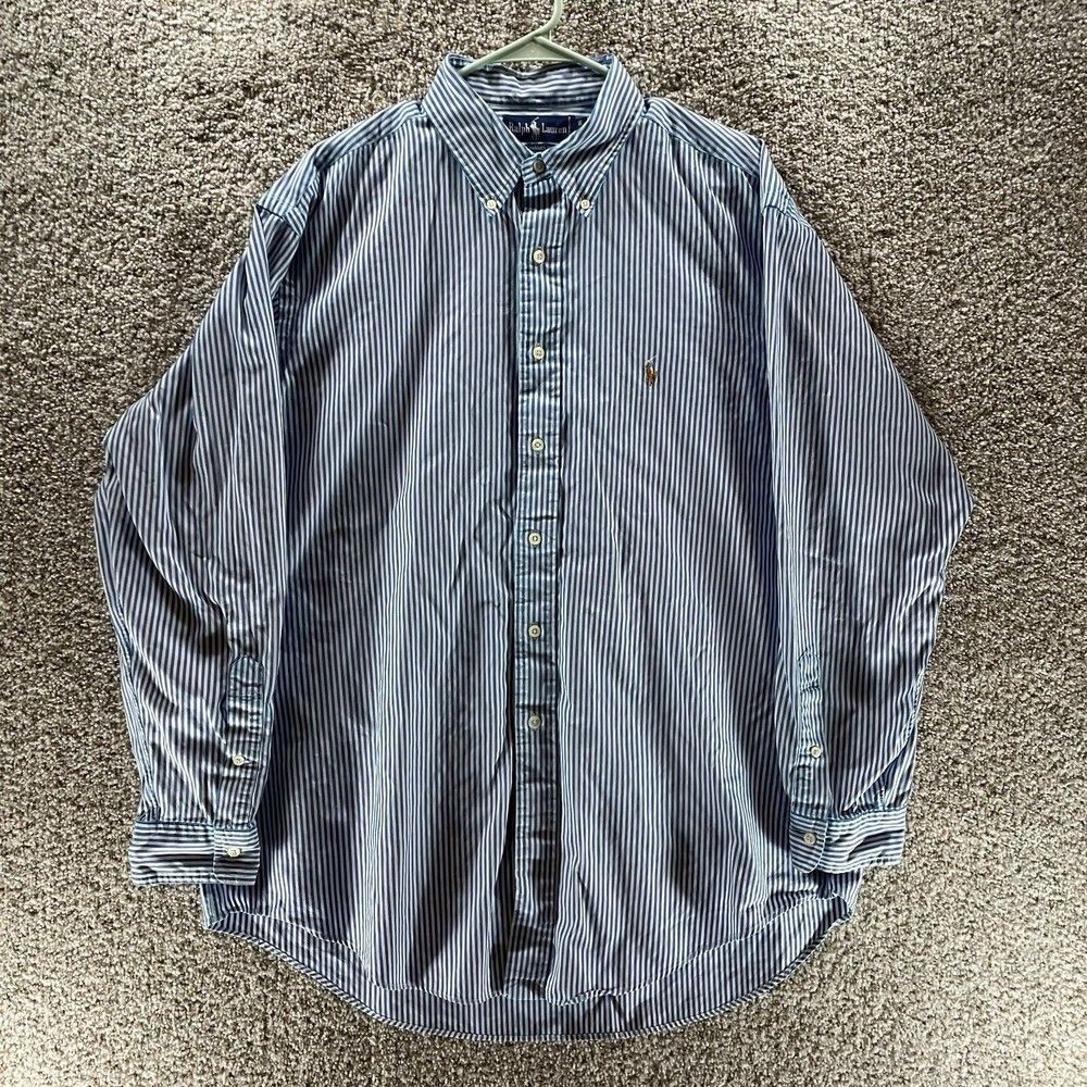 Ralph Lauren Shirt Mens 17 Blue White Stripes Yarmouth Button Up Cotton Casual